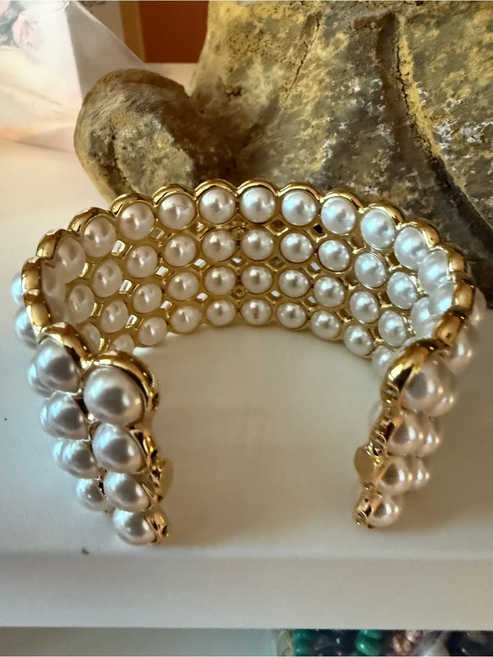 CHANEL Gold-Tone Pearl Multirow Cuff Bracelet